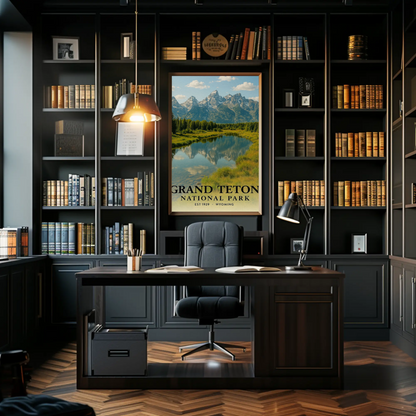 Wyoming Grand Teton Sunset Reflection Scenic Travel Poster