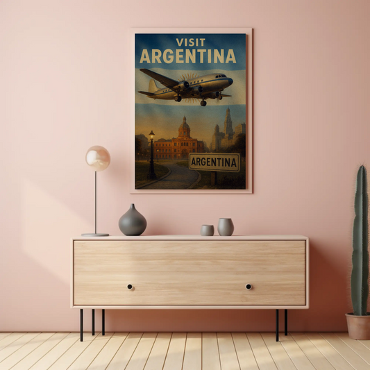 Visit Argentina Sun Emblem Building Flight Travel Poster