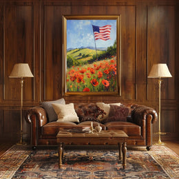 peaceful field of poppies with one large American flag Poster