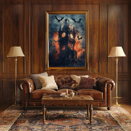 Gothic-Style Clock Tower Art Poster in Eerie Environment - Artistic Poster