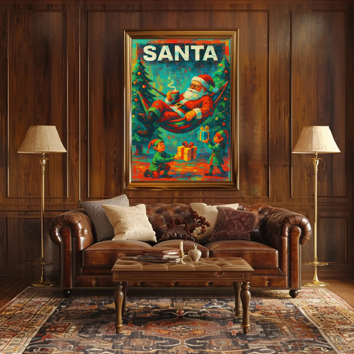 The poster features a festive Christmas theme with a playful depiction of Santa Travel Poster