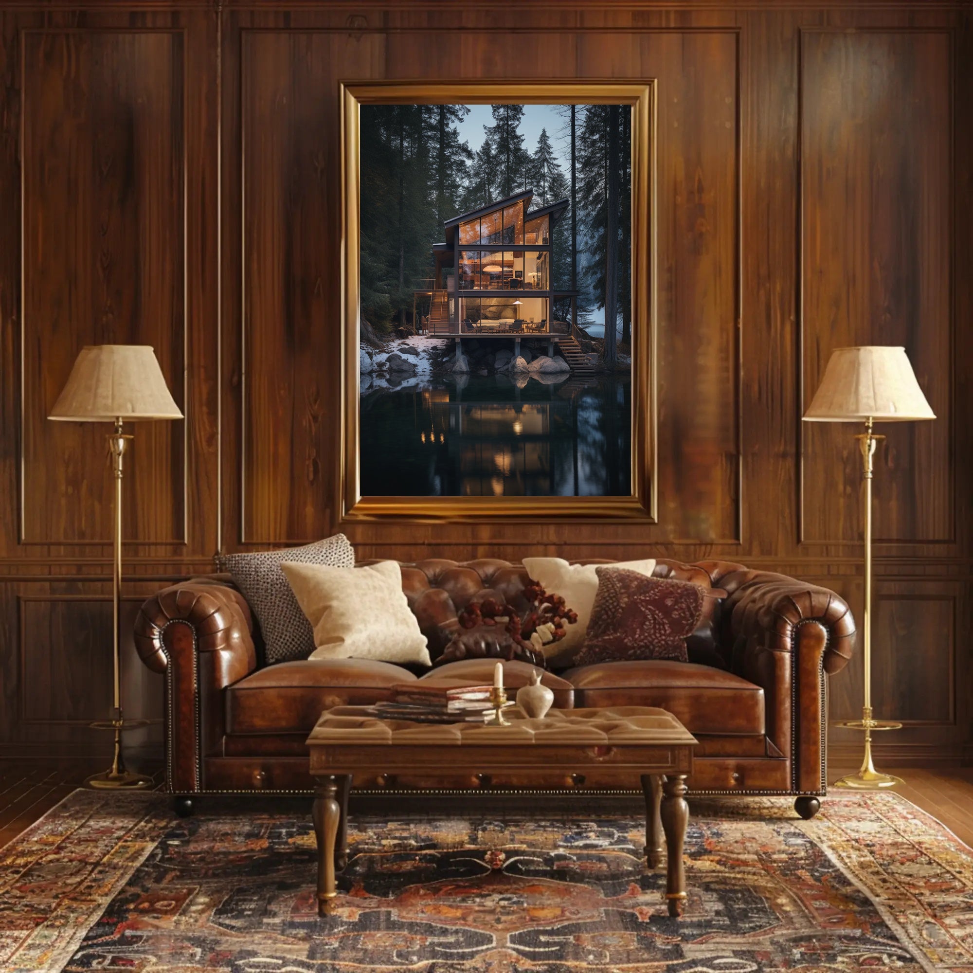 Modern Glass Cabin by Tranquil Lake National Park Poster