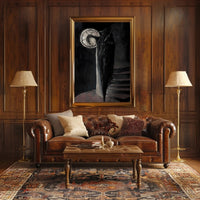Shadowy Figure Meets Cracked Moon Fantasy or Mythology Poster PosterGoat