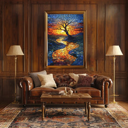 Vibrant Mosaic Sunset Landscape Artistic Poster