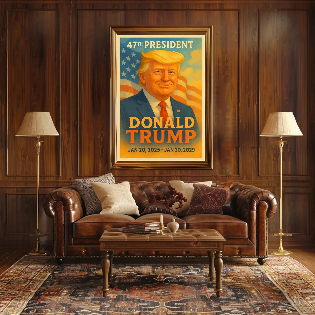 Commanding Presence Donald Trump and the American Banner Poster