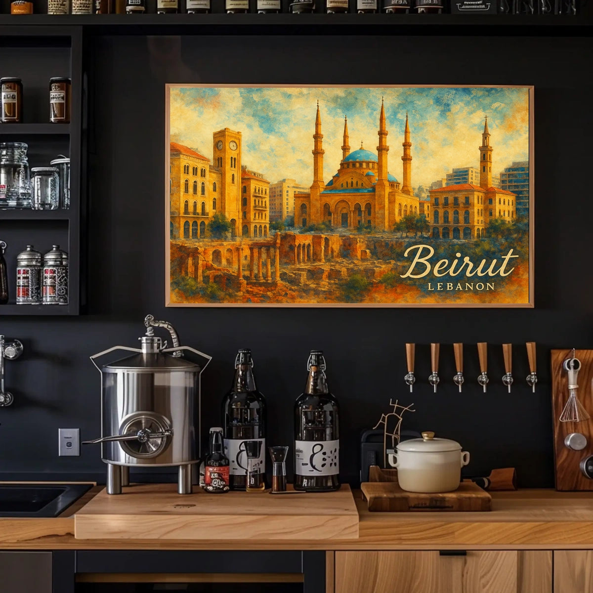 Beirut Cityscape Lebanon Iconic Skyline Travel Art Realism Digital Painting Heritage Poster