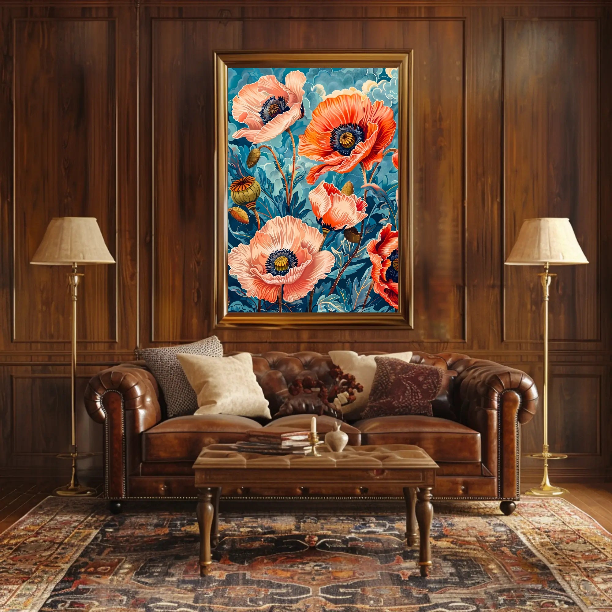 Vibrant Poppy Botanical Art with Vintage Flair Poster