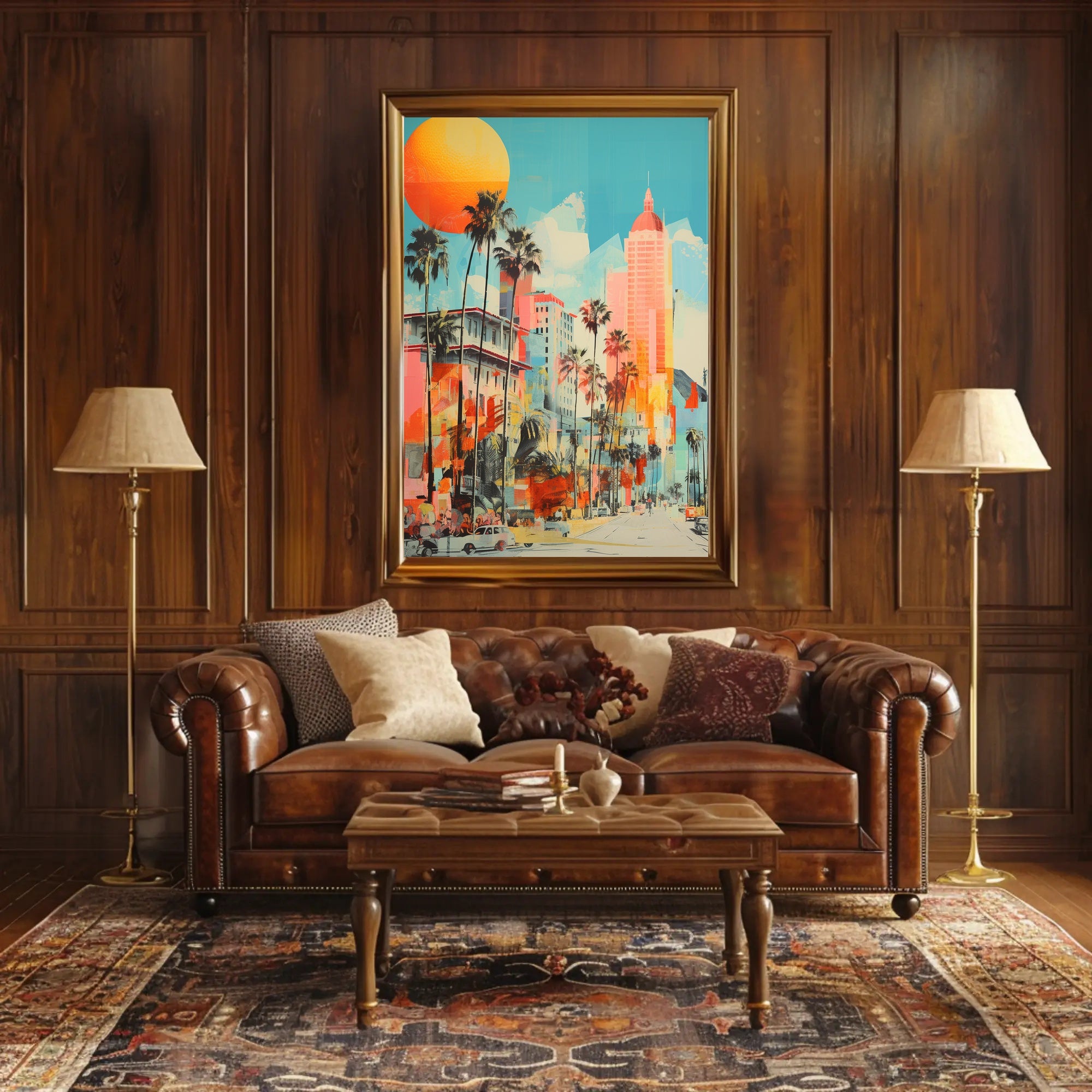 Retro-Modern Urban Scene: Coastal City Artistic Poster