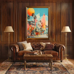 Retro-Modern Urban Scene: Coastal City Artistic Poster