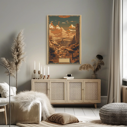 Egyptian Temple Statues Desert Mountains Vintage Travel Poster