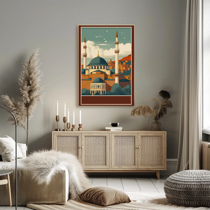 Turkey Mosque Minarets Hillside Sunset Vintage Travel Poster