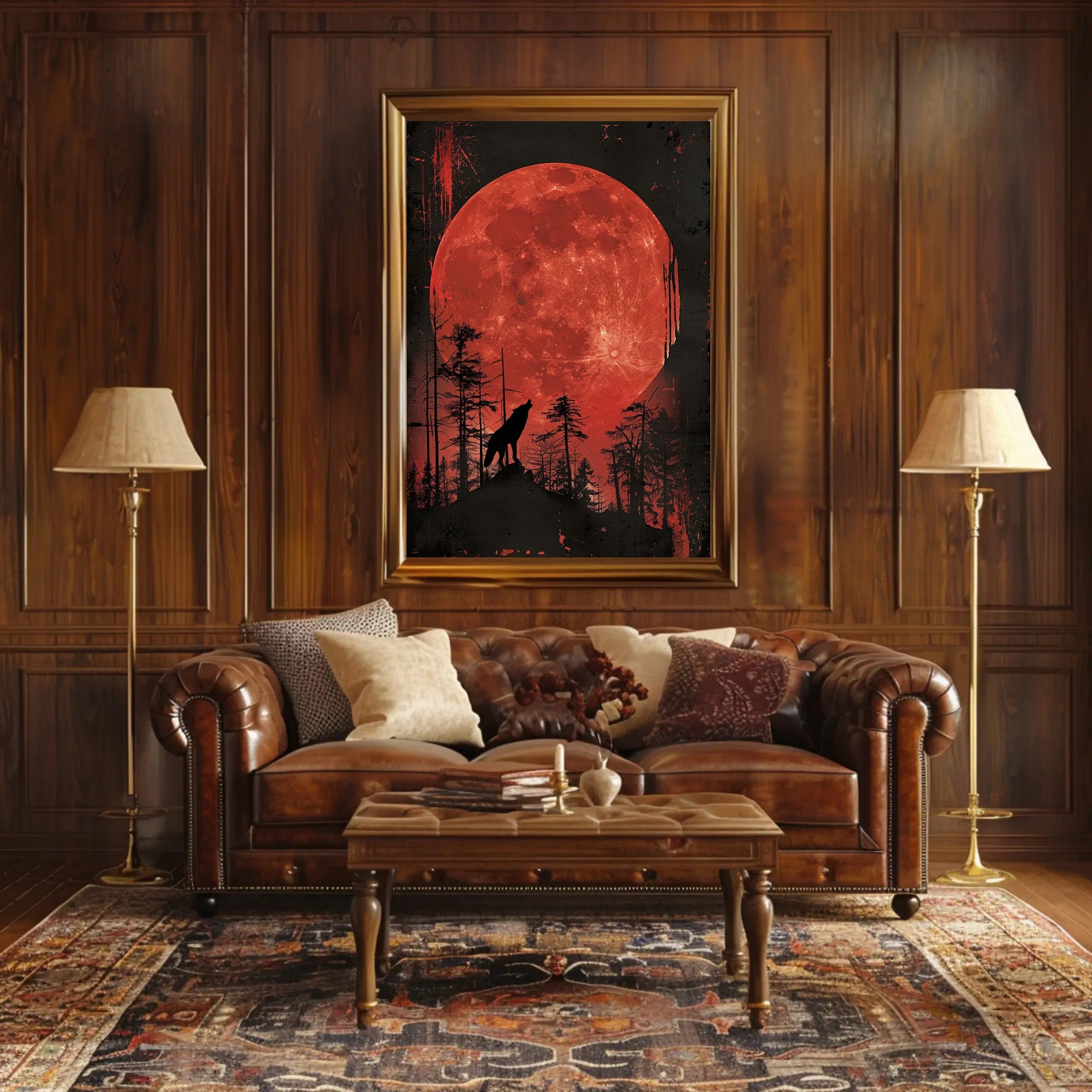 Wolf Howling Under Blood Moon Art Poster PosterGoat