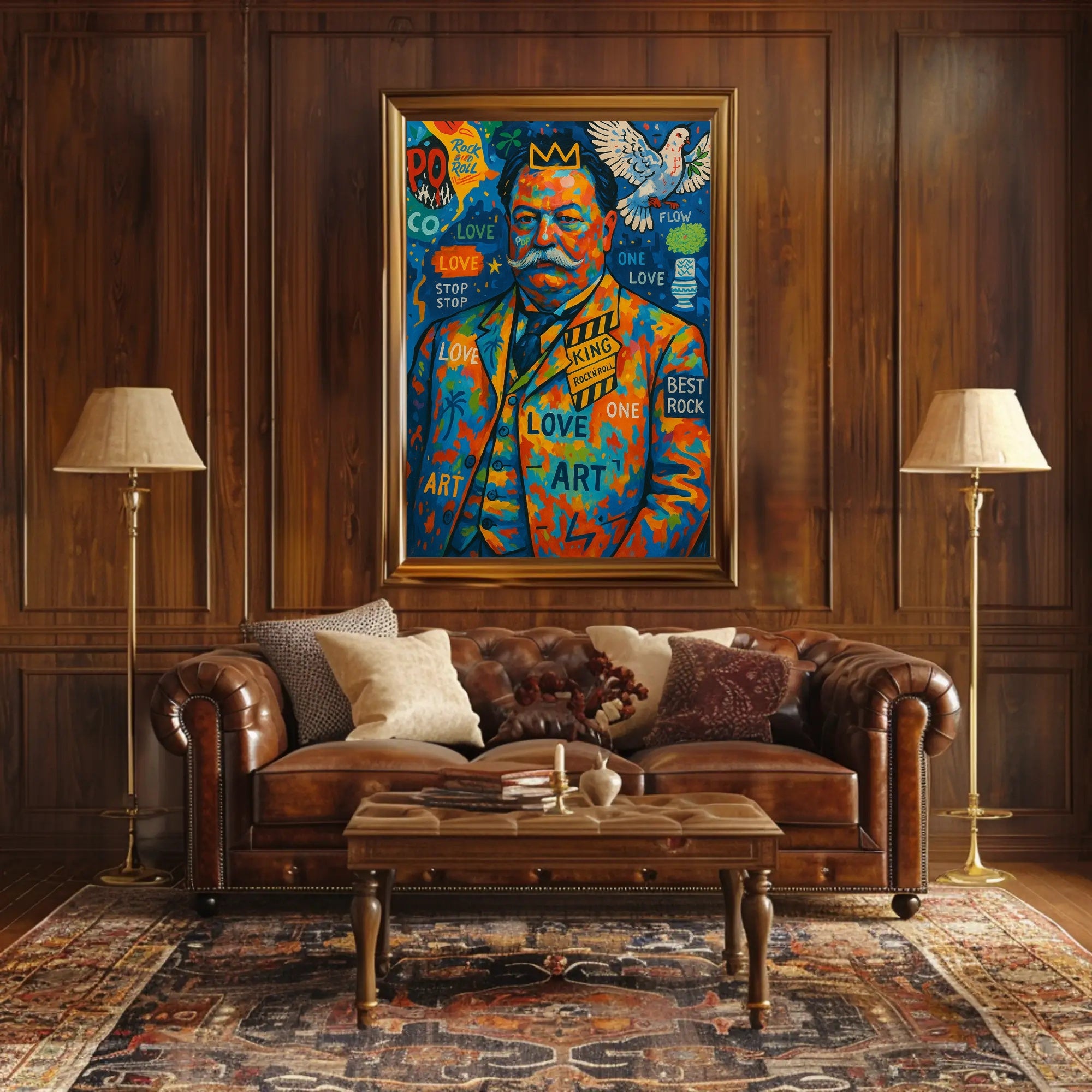 Colorful King with Crown and Dove Pop Culture Poster