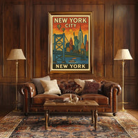 New York Cityscape Poster Vintage Travel Decor Wall Art