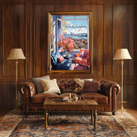 Inviting Urban View: Cozy Interior Cityscape Poster