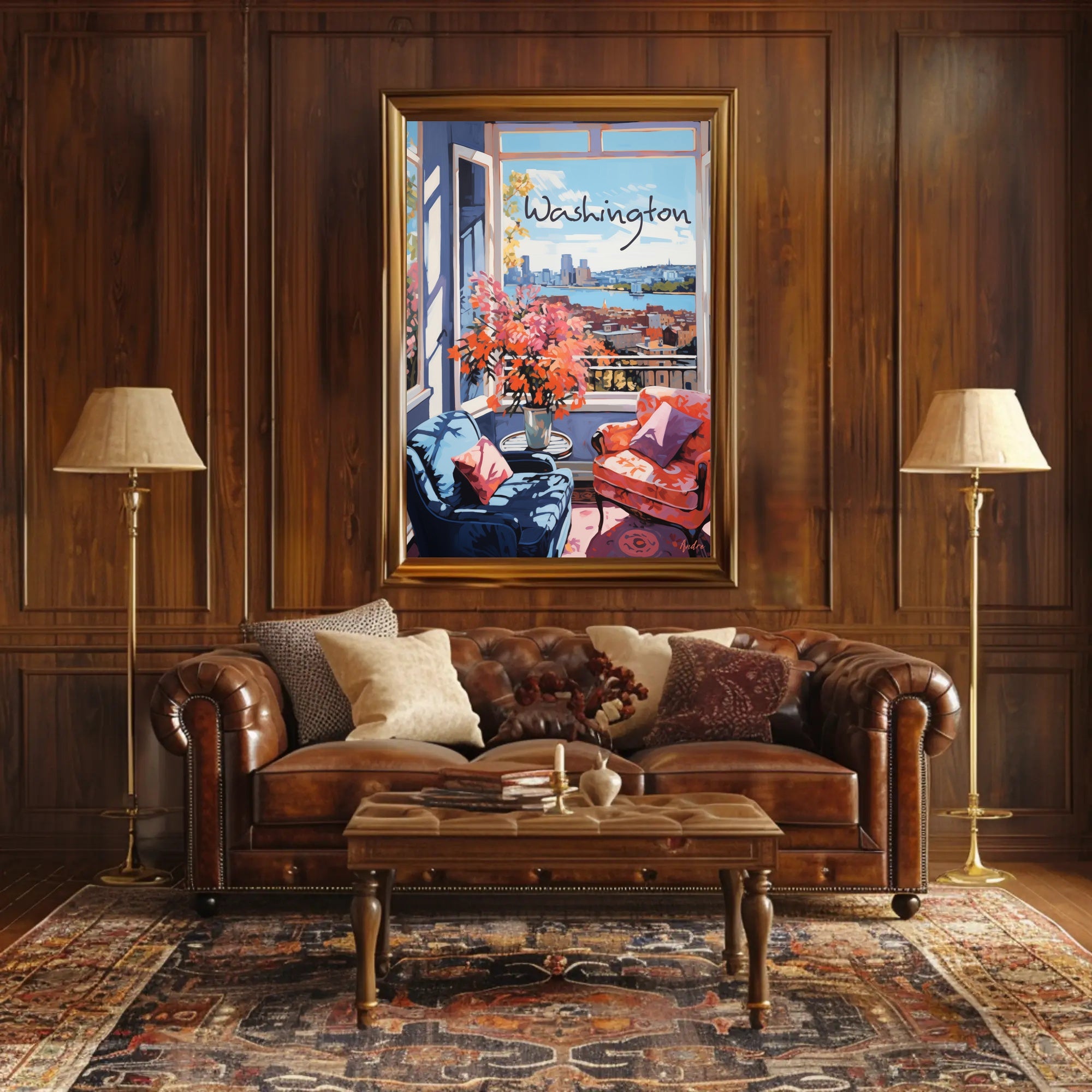 Inviting Urban View: Cozy Interior Cityscape Poster