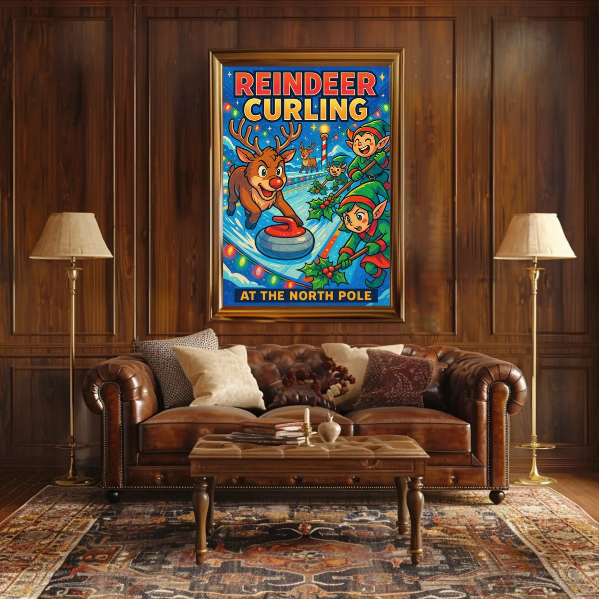 Reindeer Curling at the North Pole Poster