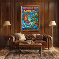 Reindeer Curling at the North Pole Poster