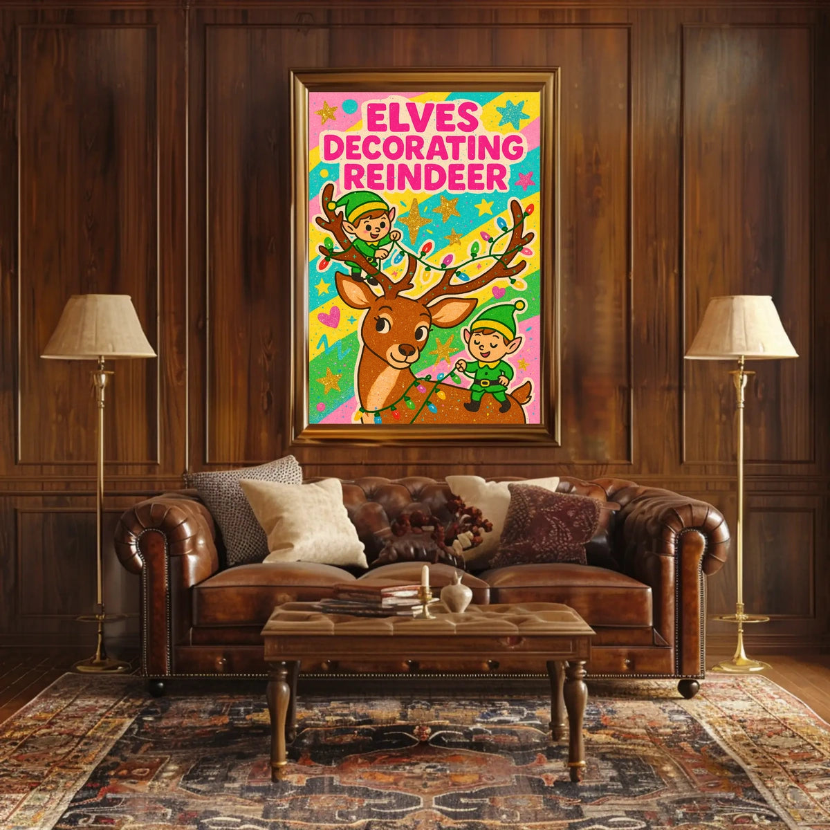 Elves Decorating Reindeer Poster