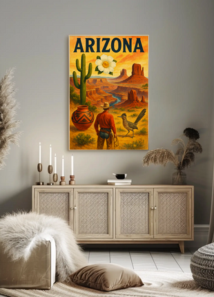 Arizona Desert Cowboy Saguaro Sunset Vintage Travel Poster