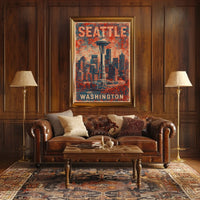 Seattle Space Needle Retro Urban Cityscape Travel Poster