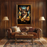 Joyful Dog with Flowers Nature Art Poster