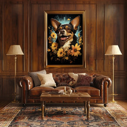 Joyful Dog with Flowers Nature Art Poster