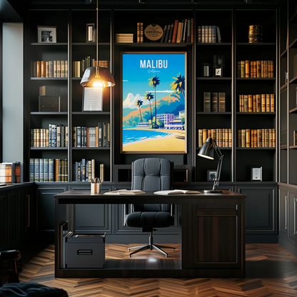 Malibu California Palm Trees Beach Hotel Hills Travel Poster