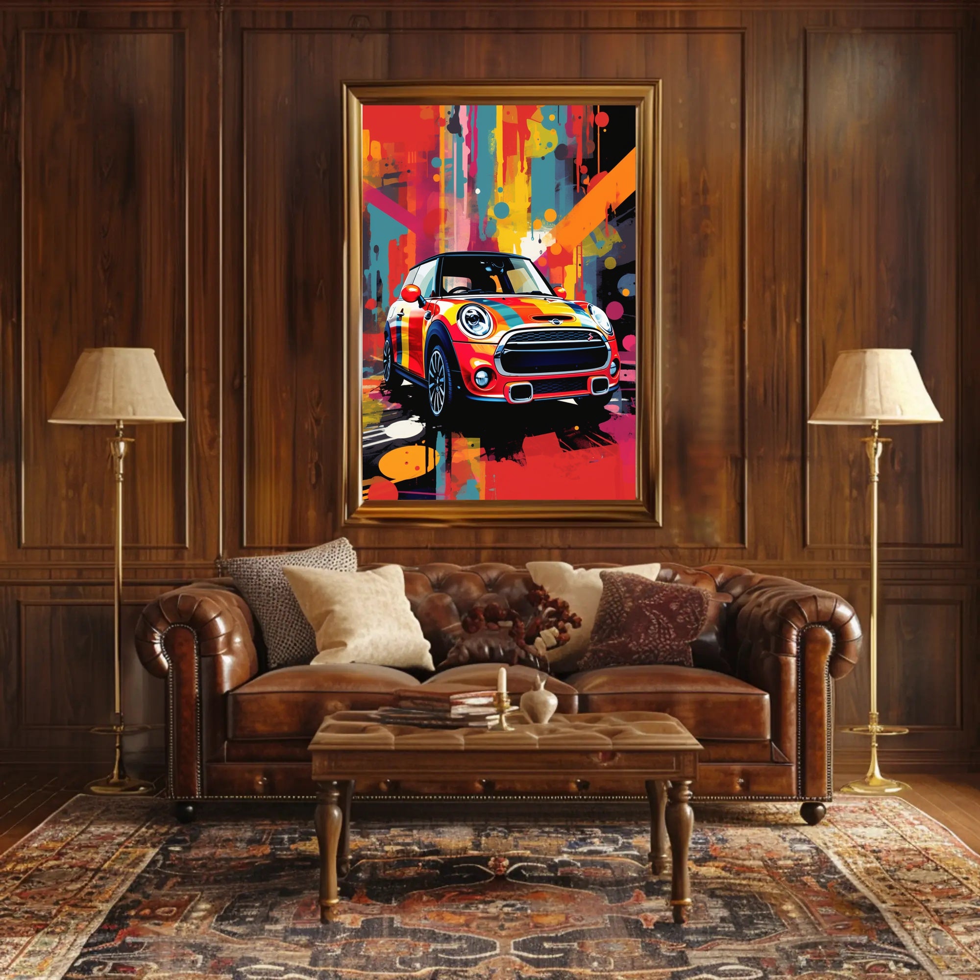 Vibrant Abstract Art Poster with Mini Cooper Illustration