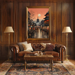 Vibrant Japanese Cityscape Sunset with Pagoda Cultural Poster