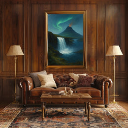 Icelandic Waterfall Under Aurora Borealis National Park Poster