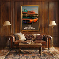 Classic Muscle Car and Diner Scene Retro Travel Poster