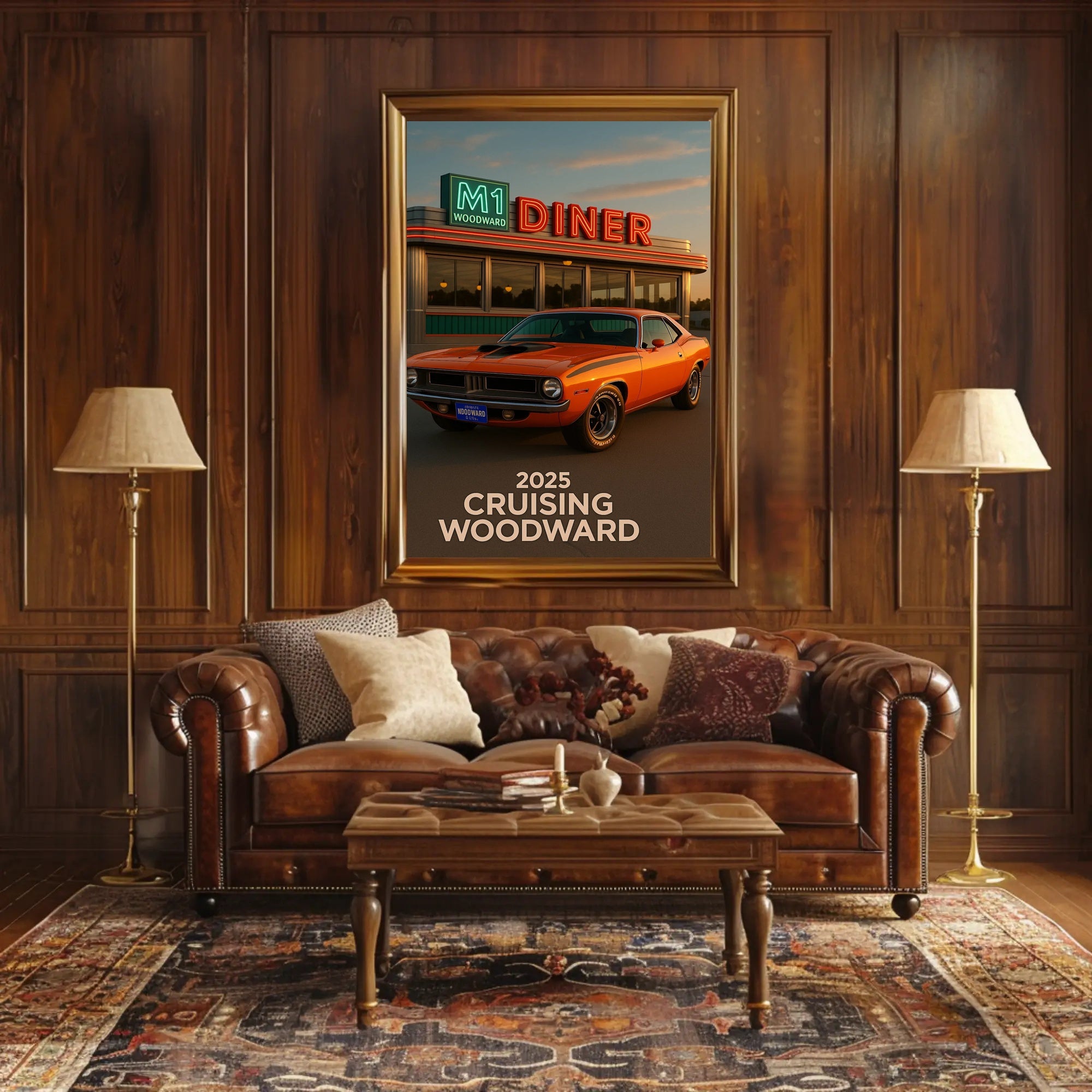 Classic Muscle Car and Diner Scene Retro Travel Poster