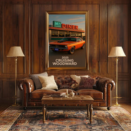 Classic Muscle Car and Diner Scene Retro Travel Poster