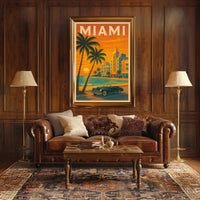 Miami Sunset Convertible - Vintage Travel Poster