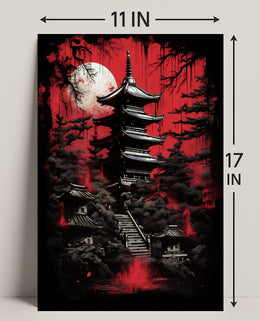 Mystical Pagoda Under A Blood Moon Poster