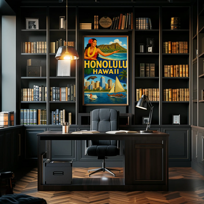 Honolulu Hawaii Surfer Skyline Hula Travel Poster