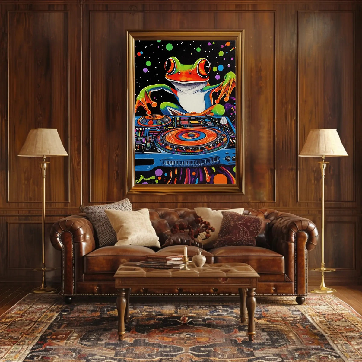 Colorful Frog DJ Vibes in Psychedelic Abstract Poster