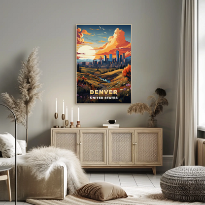 Denver Autumn Meadow Skyline Vintage Travel Poster