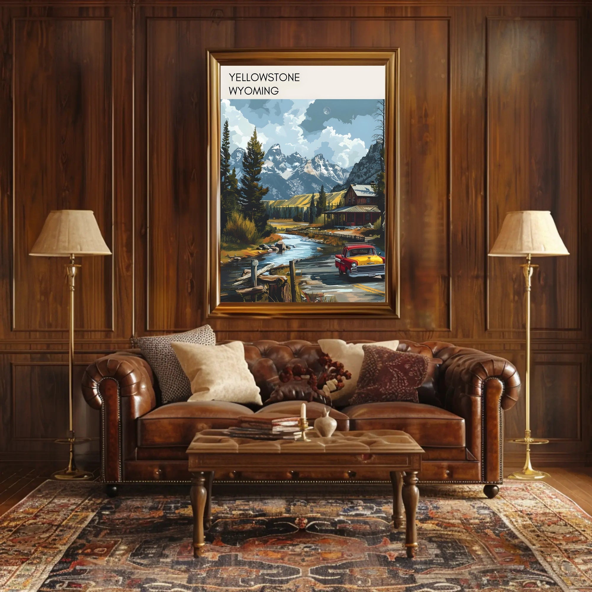 Scenic Yellowstone: Vintage Truck and Rustic Cabin Poster