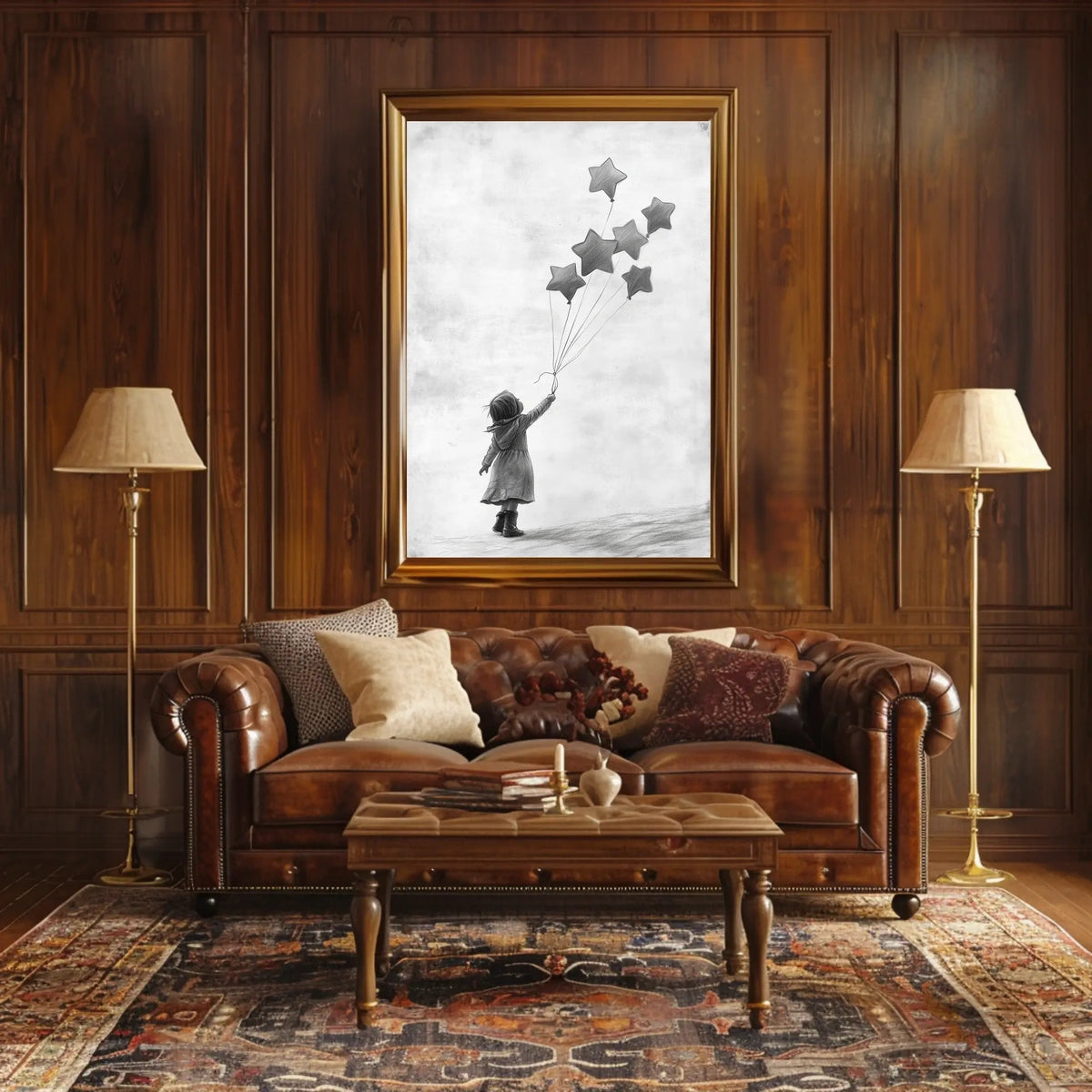 Child Releasing Star Balloons Minimalist Art Sketch Poster