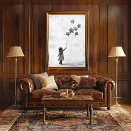 Child Releasing Star Balloons Minimalist Art Sketch Poster