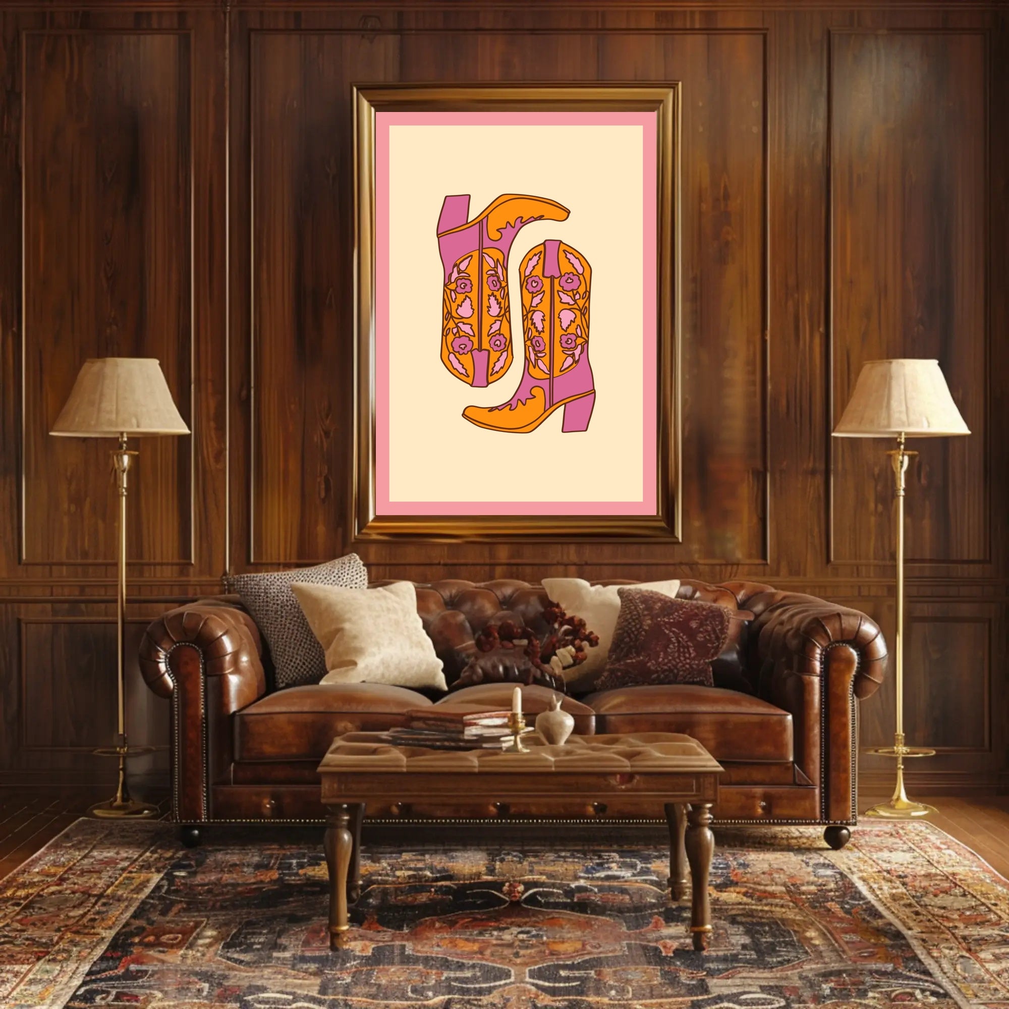 Stylized Cowboy Boots Retro Pop Culture Poster PosterGoat