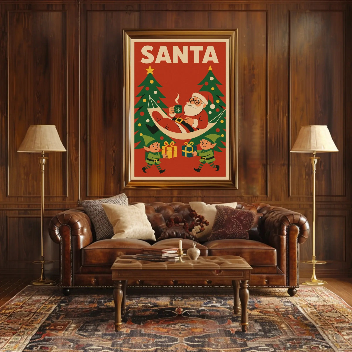 Santa Claus Relaxing in Vintage Christmas Poster