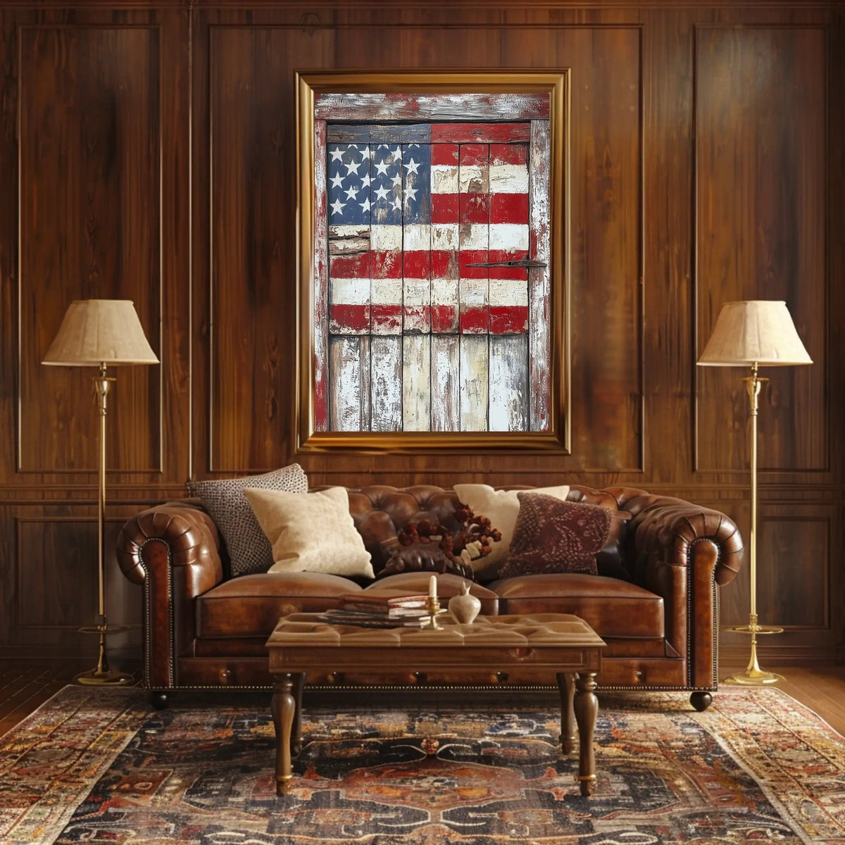 wooden barn door with faded American flag Poster
