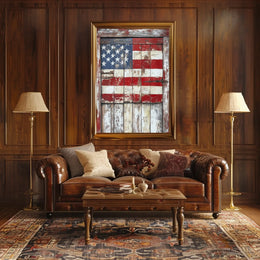 wooden barn door with faded American flag Poster
