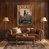 Chicago Skyline Vintage Distressed Urban Cityscape Nostalgic Decor Timeless Heritage Poster