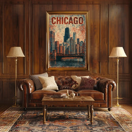 Chicago Skyline Vintage Distressed Urban Cityscape Nostalgic Decor Timeless Heritage Poster