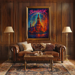 This vibrant poster art depicts an iconic temple in Bangkok, Thailand, likely the Travel Poster