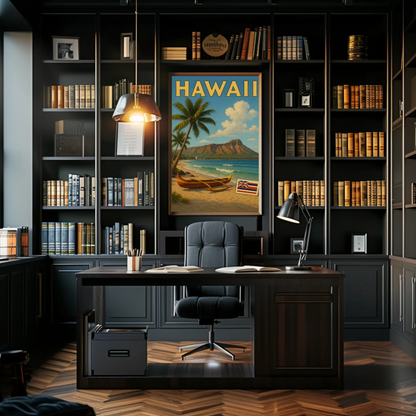 Hawaii Canoe Flag Diamond Head Ocean View Travel Poster